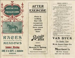 Three page pamphlet for horse races at the meadows with advertisements and handwritten notes about which horses are racing. 